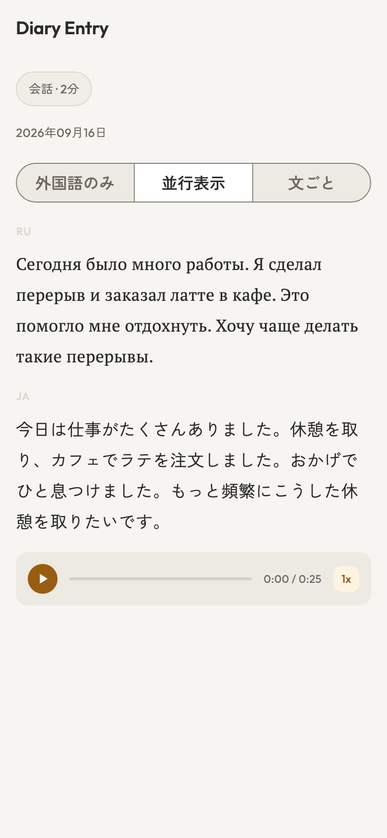 AIが会話から作成したロシア語の日記、日本語訳、音声プレーヤー